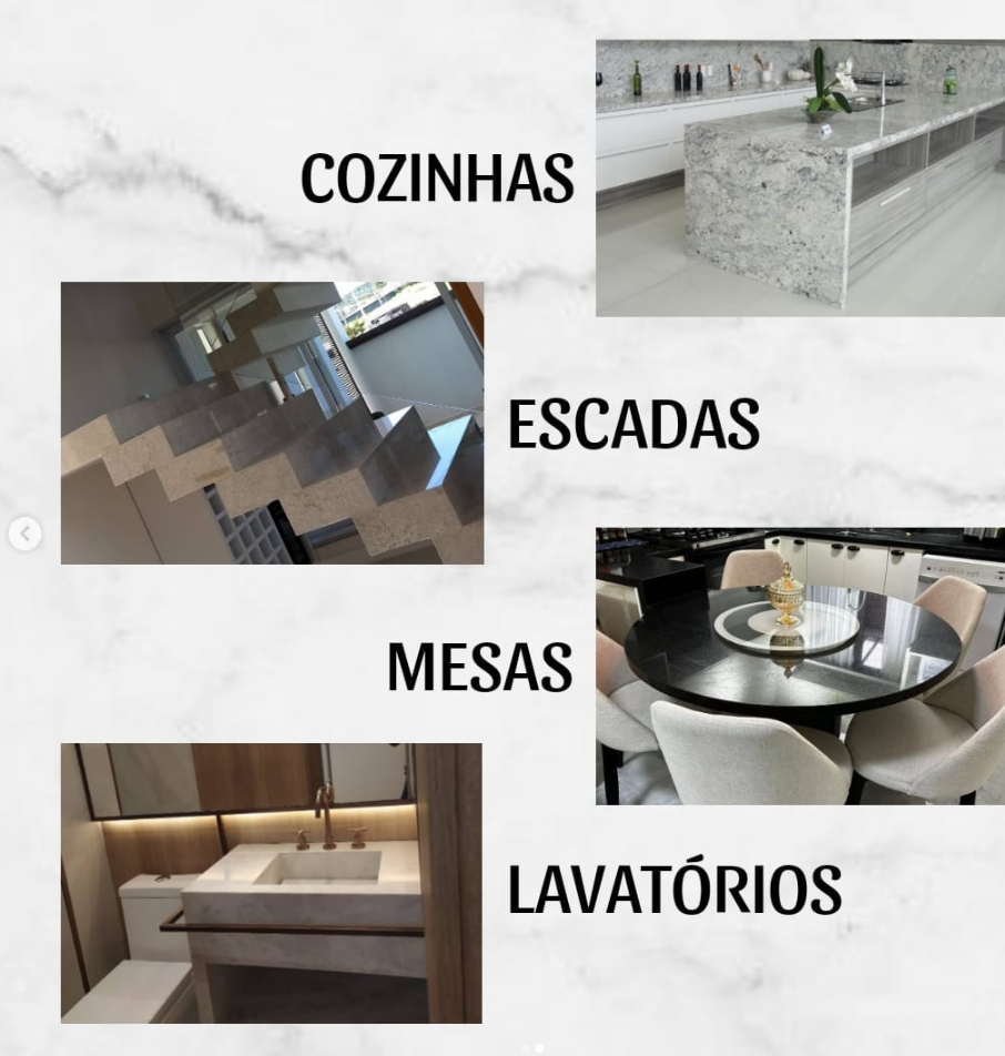 Categorias de trabalhos: cozinhas, escadas, mesas e lavatórios